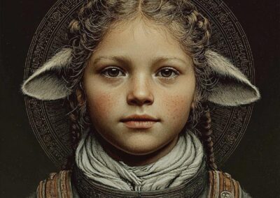 A young child with braided hair, light skin, and animal-like ears wears medieval-style clothing with intricate details and a circular ornate halo, capturing a mystical, fantasy-inspired portrait that radiates a creative spark.