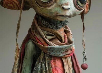 A whimsical, fantasy creature with large round eyes, greenish skin, big ears, and a long scarf in earthy tones, wearing a pointed hat with hanging tassels and red pom-poms, stands against a neutral background.