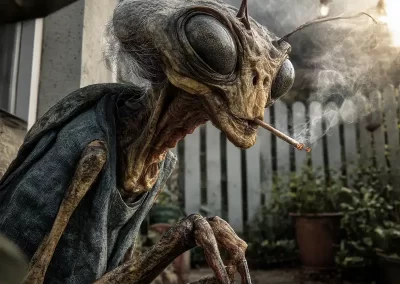 A humanoid insect with large eyes, wearing a tattered shirt, sits outdoors smoking a cigarette. String lights and a wooden fence are visible in the background, creating a surreal scene.