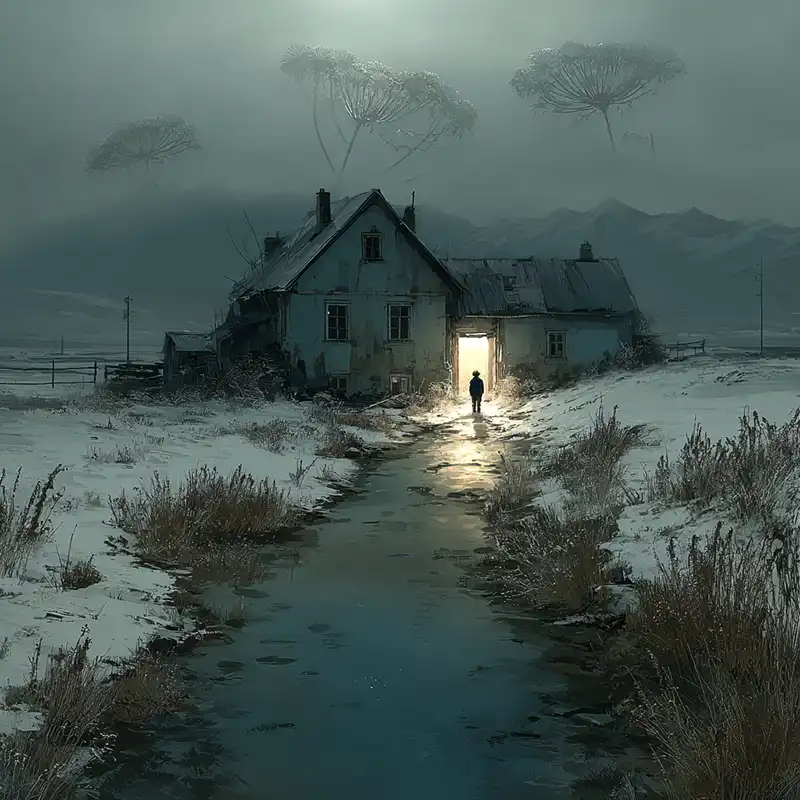 A person walks toward a glowing doorway of an old, snow-covered house at dusk, with tall grass and a frozen path leading up to it. Weird large plants float in a misty, surreal sky above distant mountains.