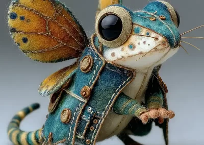 A whimsical, fantasy creature with large black eyes, butterfly wings, and a mouse-like body radiates creative spark in its blue, buttoned jacket with yellow accents, standing proudly on its hind legs.