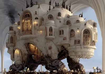 A large, ornate, fantasy-style building with many windows and spires stands on mechanical legs inside a spacious hall—an extraordinary setting where smoke rises from one side and tables are arranged beneath it.