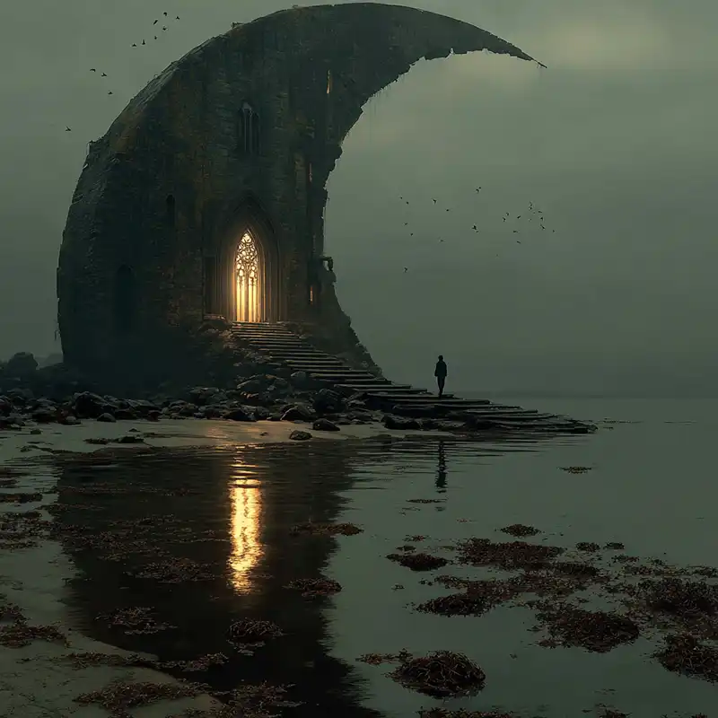 Creative-Aide-Story-Ideas-108 A large, ominous skull-shaped sculpture protrudes from the facade of an ornate building, featuring intricate architectural details and wrought iron balconies. Amidst its eerie atmosphere, oddball creatures seem to lurk in the shadows cast by the skull's dark eyes and weathered surface.