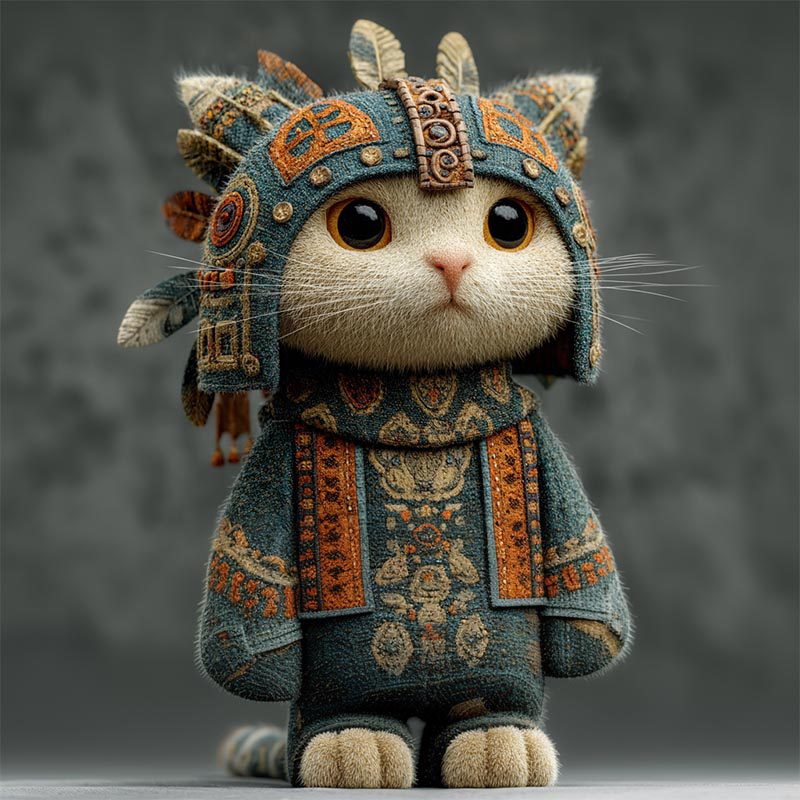 A cute cat wearing an ornate, Aztec-inspired costume with a feathered headdress and detailed patterns in teal, orange, and brown, standing upright against a gray background. A cute cat wearing an ornate, Aztec-inspired costume with a feathered headdress and detailed patterns in teal, orange, and brown, standing upright against a gray background.