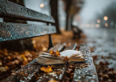 An open book lies on a wet, leaf-covered park bench on a rainy, foggy day. Autumn leaves are scattered around, and trees line the blurred background along a deserted path.
