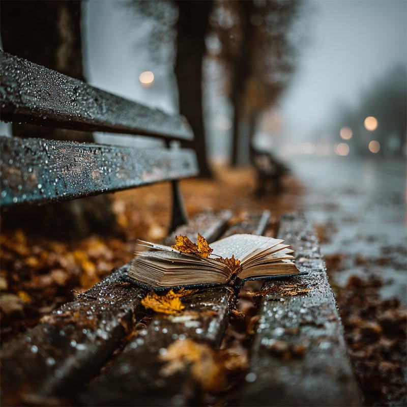 An open book lies on a wet, leaf-covered park bench on a rainy, foggy day. Autumn leaves are scattered around, and trees line the blurred background along a deserted path.