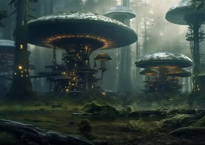 Large, glowing mushroom-like structures serve as enchanting homes in a misty forest setting, with warm lights shining from windows and walkways winding around the stems, creating a magical atmosphere among tall trees and mossy ground.