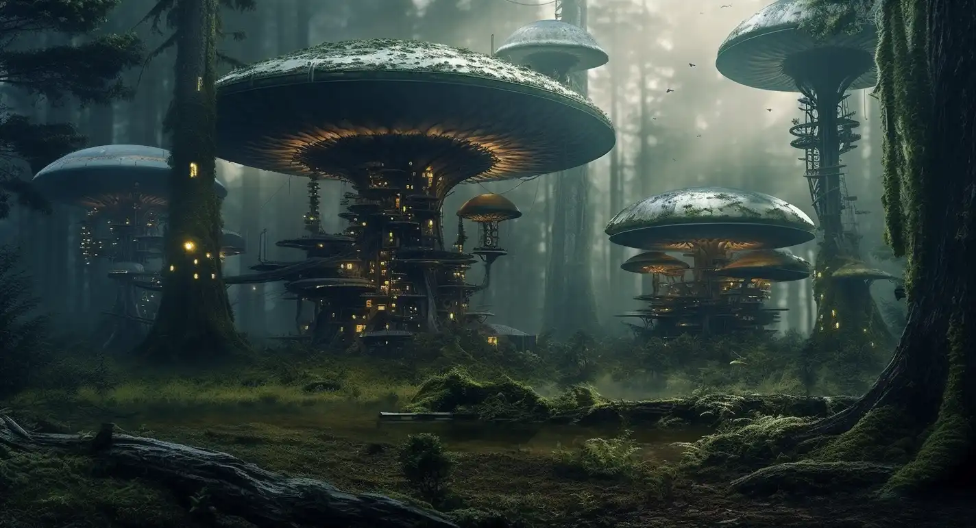 creativestorysparks-021426 Large, glowing mushroom-like structures serve as enchanting homes in a misty forest setting, with warm lights shining from windows and walkways winding around the stems, creating a magical atmosphere among tall trees and mossy ground.