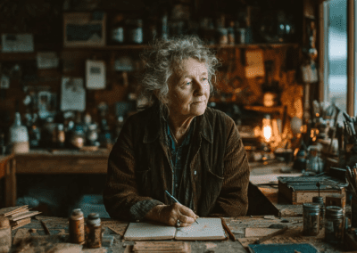 An elderly woman with curly gray hair sits at a cluttered wooden desk, writing in a notebook. Surrounded by papers, books, and portraits, she works in a cozy, warmly lit workshop with shelves and a window in the background.