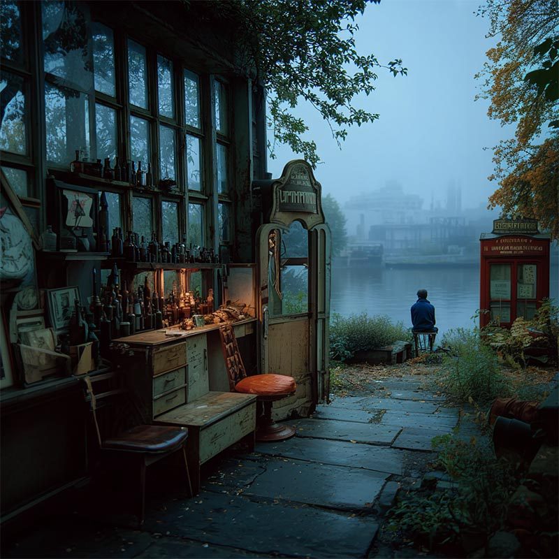 A person sits by a misty riverside, seen from the entrance of a cozy, cluttered vintage workshop filled with bottles, books, and antiques. The scene is lush with greenery and a red phone booth stands by the path. A person sits by a misty riverside, seen from the entrance of a cozy, cluttered vintage workshop filled with bottles, books, and antiques. The scene is lush with greenery and a red phone booth stands by the path.
