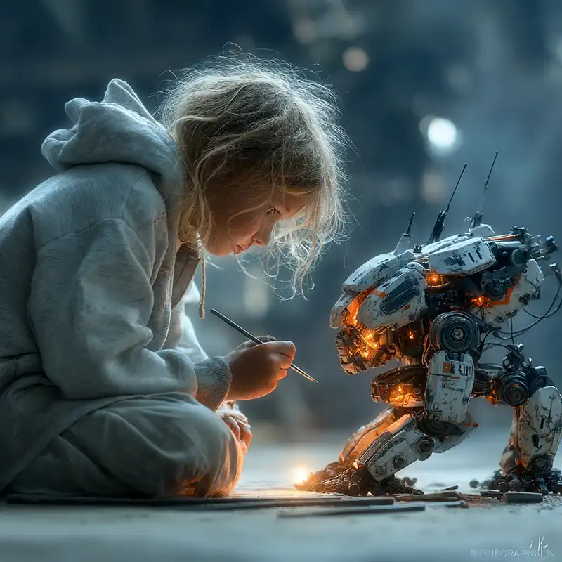 A young child crouches on the floor, carefully painting a small, glowing robot A young child with messy blond hair and a hoodie crouches on the floor, carefully painting a small, glowing robot with mechanical limbs in a dimly lit, futuristic setting.