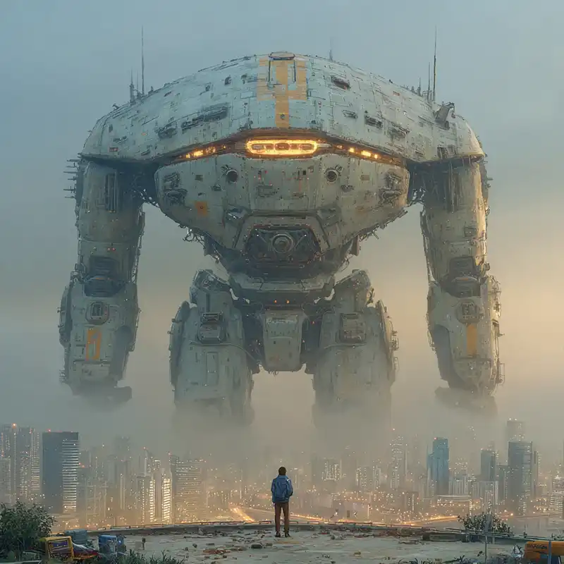 A person stands on a rooftop facing a massive, futuristic robot with glowing lights, towering over a city skyline shrouded in mist.