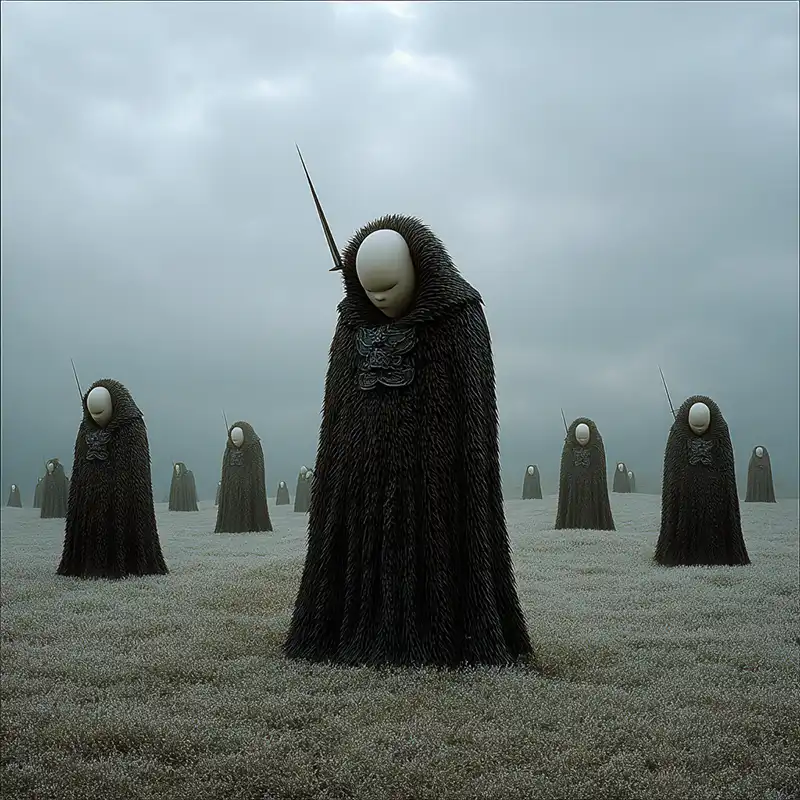Several faceless figures in dark, textured cloaks stand in a foggy, desolate field. Each figure has a pale, featureless face and a long sword protruding from behind their head, creating an eerie, surreal atmosphere.