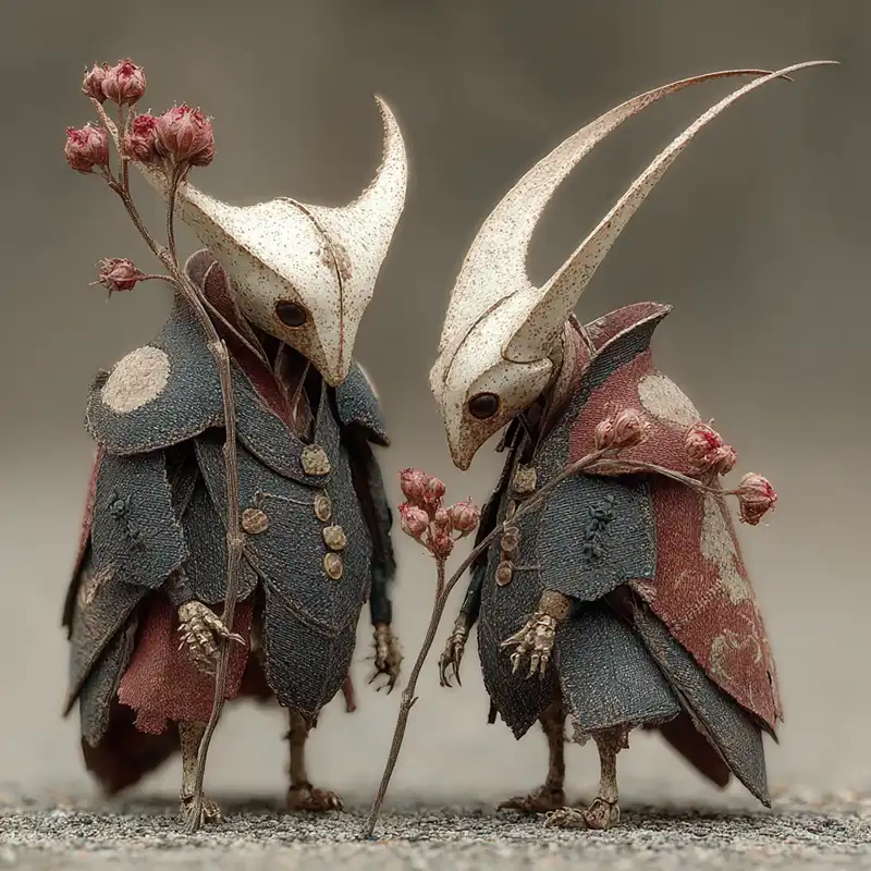 Two small, fantasy creatures wearing tattered cloaks and horned masks stand facing each other, each holding a branch with small red flowers. The scene has a whimsical, earthy tone.