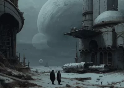 Two figures walk through a desolate, futuristic landscape with massive, looming planets in the sky, surrounded by decaying, sci-fi architecture and abandoned spacecraft under a cloudy, gray atmosphere.