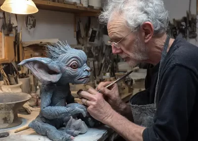 An older man with gray hair and glasses carefully paints a detailed, blue, goblin-like creature sculpture in a cluttered artist’s workshop filled with tools, brushes, and art supplies.