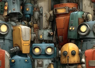 A group of colorful, vintage-style robots with various shapes, lights, and panels are packed closely together, creating a dense, mechanical crowd.