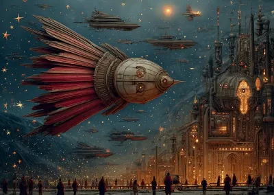 A large, rocket-shaped spacecraft with red fins floats among stars above a futuristic city with glowing lights. Smaller ships fly nearby as people walk near the ornate, illuminated buildings below a dark, starry sky.