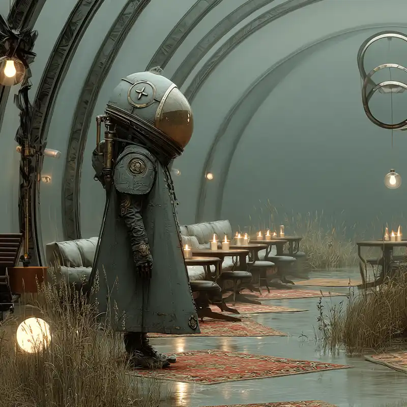 A person in a vintage-style spacesuit stands alone in a futuristic, arched corridor with grass growing through the floor, surrounded by lit candles and empty chairs and tables. The atmosphere is misty and surreal.