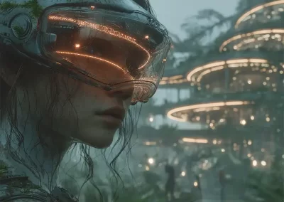 A person wearing a futuristic, illuminated visor stands in a misty, lush environment with glowing, layered structures and greenery in the background.
