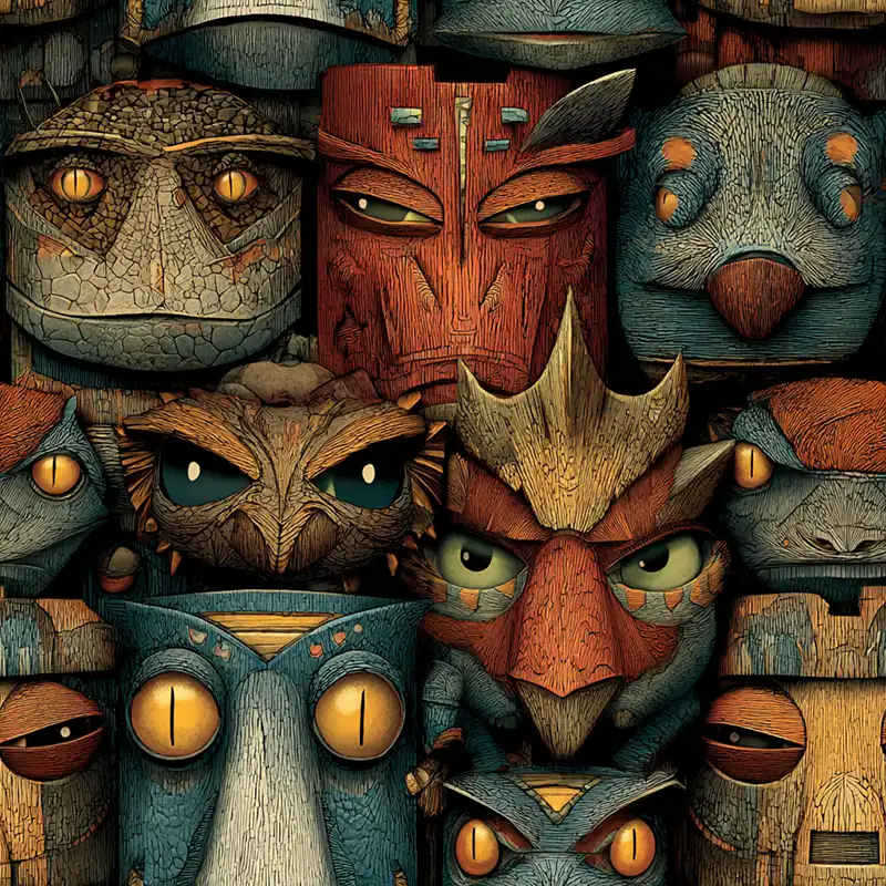 A collection of colorful, intricately carved wooden animal and owl faces with large, expressive eyes, arranged closely together to form a dense, whimsical pattern.