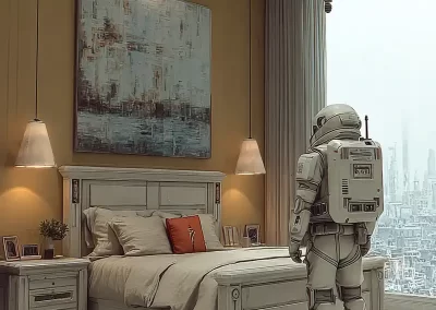 An astronaut in a spacesuit stands in a modern, cozy bedroom with warm lighting, wooden furniture, and a large cityscape visible through the floor-to-ceiling window.