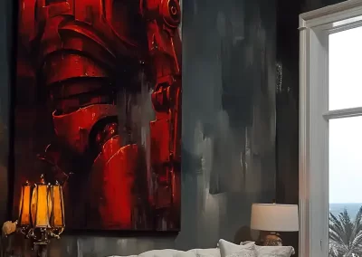 A modern living room with a cream sofa, a side table with lamps, and a large painting of a red robot on the wall. Warm lighting and a large window with a view of trees and water are visible.