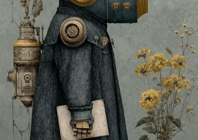 A steampunk-inspired robot with a large, cylindrical metal head stands in a coat, holding a book. Vintage machinery is attached to its back. Yellow flowers in two vases are nearby on the right side.