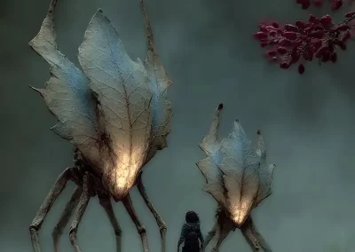 A person stands in misty surroundings facing two large, glowing, insect-like creatures with leaf-shaped bodies and multiple long legs; reddish branches appear in the corner.