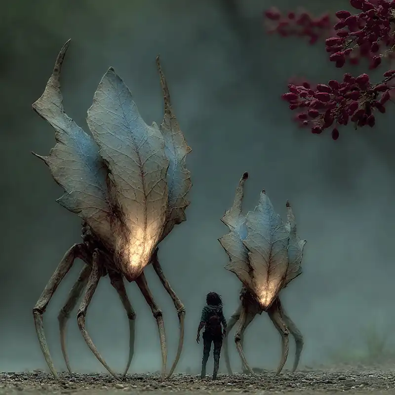 A person stands in misty surroundings facing two large, glowing, insect-like creatures with leaf-shaped bodies and multiple long legs; reddish branches appear in the corner. A person stands in misty surroundings facing two large, glowing, insect-like creatures with leaf-shaped bodies and multiple long legs; reddish branches appear in the corner.