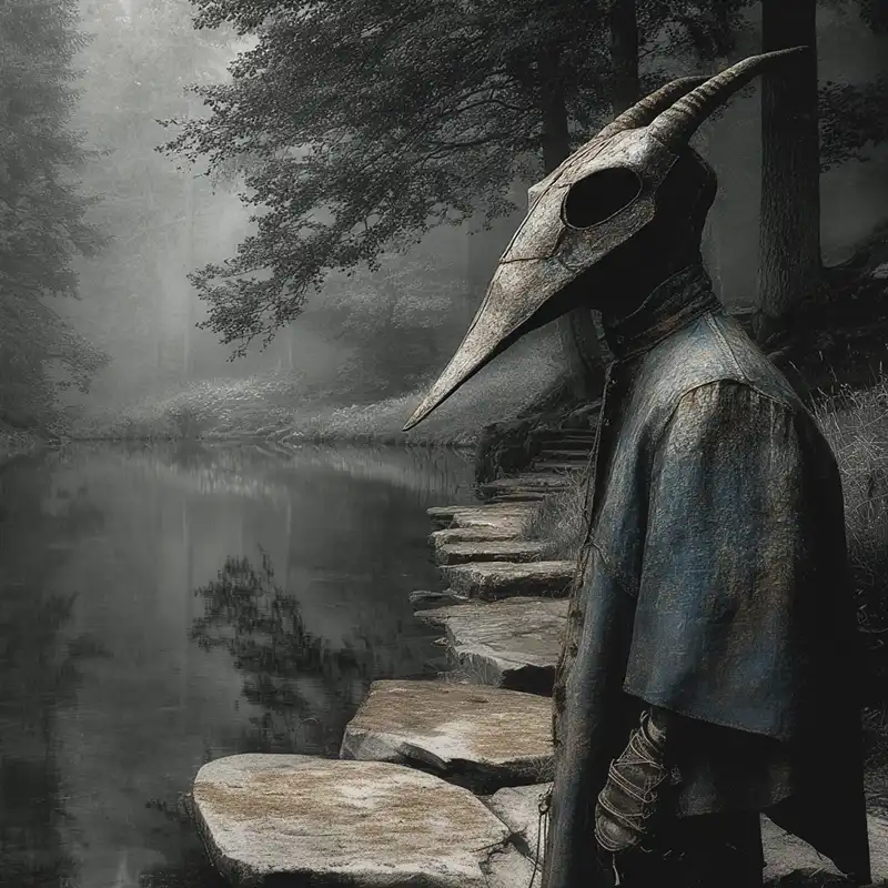 A person in a dark, medieval-style plague doctor mask with a long beak stands by a misty forest lake, surrounded by trees and stepping stones along the waters edge. The scene is eerie and atmospheric. A person in a dark, medieval-style plague doctor mask with a long beak stands by a misty forest lake, surrounded by trees and stepping stones along the waters edge. The scene is eerie and atmospheric.