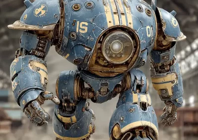 A large, blue and yellow robot with a round body and worn, scratched paint stands in an industrial warehouse, facing forward. Its limbs are bulky, and it has a glass-covered circular center on its chest.