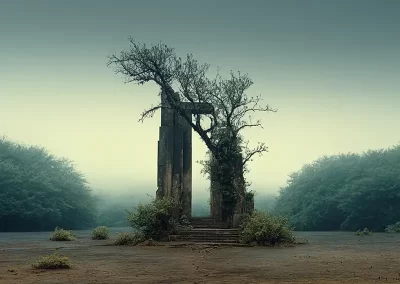 A crumbling stone archway, partly overgrown with a tree and bushes, stands on a cracked, empty ground surrounded by dense fog and green shrubs, creating a mysterious and abandoned atmosphere.