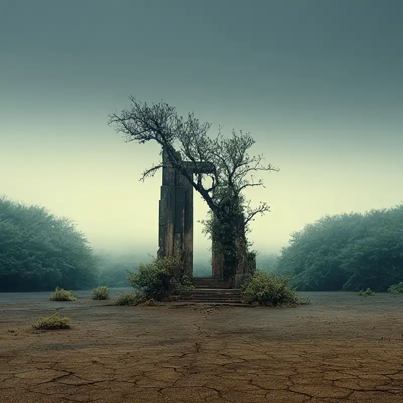 A crumbling stone archway, partly overgrown with a tree and bushes, stands on a cracked, empty ground surrounded by dense fog and green shrubs, creating a mysterious and abandoned atmosphere.