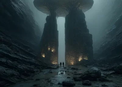 Three people stand before two towering rock pillars supporting a massive, mushroom-shaped canopy, illuminated with soft lights in a misty, rocky canyon.