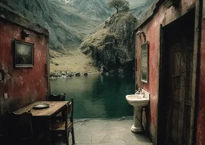 A rustic, open-walled room with a table, chairs, and sink overlooks a serene lake surrounded by rocky mountains and a single tree on a grassy slope under a cloudy sky.