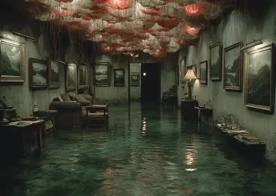 A dimly lit, flooded hallway is lined with landscape paintings and furniture. The ceiling is covered in cluster-like red and white organic forms with tendrils hanging down, creating an eerie and surreal atmosphere.