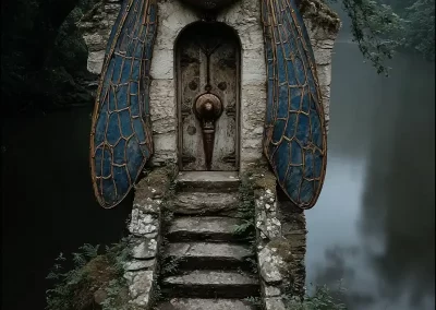 A small stone structure with a door, crowned by a large, ornate jewel and two blue, insect-like wings, stands at the top of worn stone steps beside a misty forest lake.