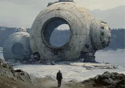 A lone person walks toward two large, weathered, spherical structures with circular openings, resembling abandoned spacecraft, set on a barren landscape near water with a forest in the background.