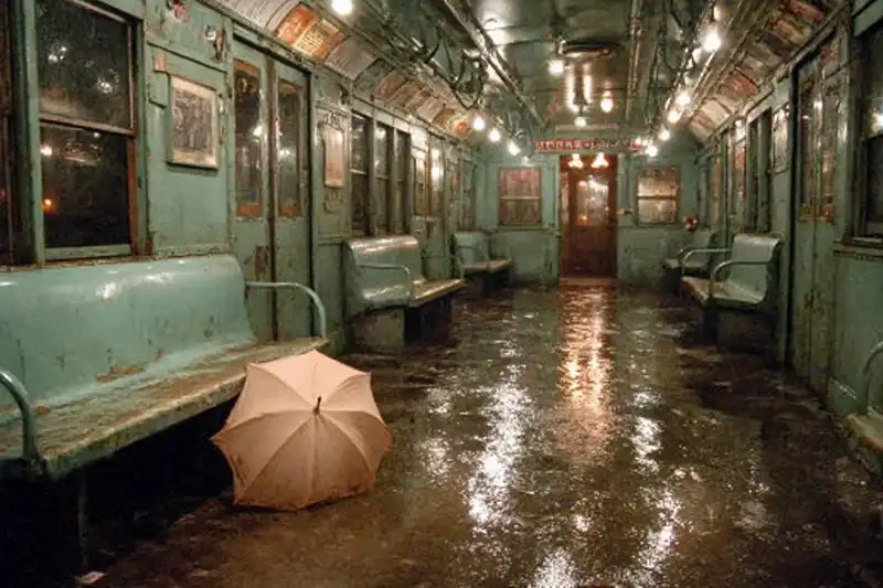 An old subway car with worn teal benches and walls is filled with water on the floor. A closed beige umbrella lies on the wet floor, and the car is otherwise empty. Dim lights line the ceiling.