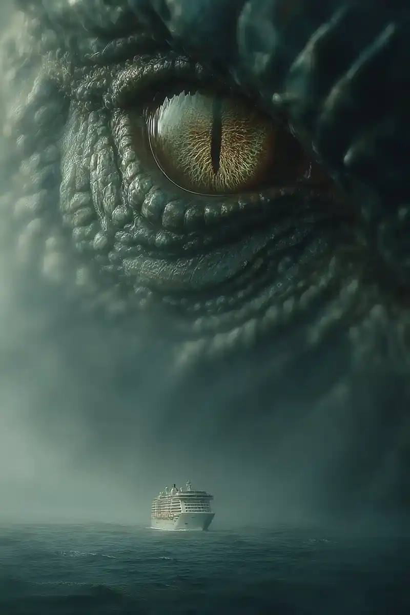 A massive, detailed reptilian eye looms ominously above a cruise ship on the ocean, suggesting the presence of a giant sea creature watching the vessel.