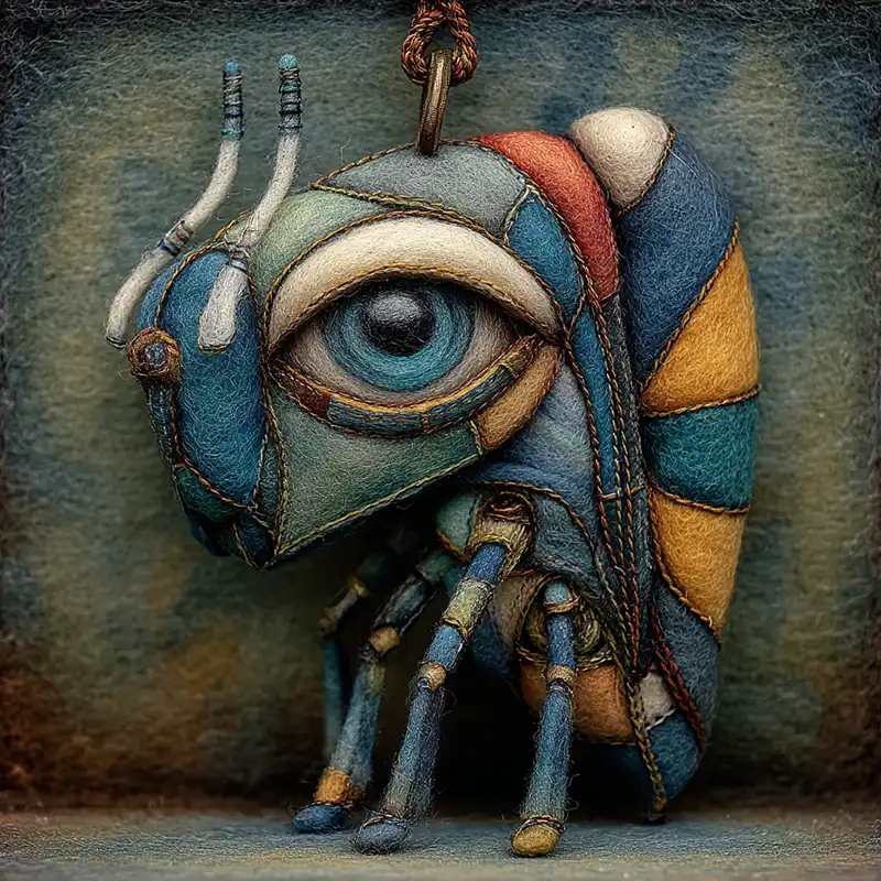 A surreal, insect-like creature with patchwork blue, teal, and orange segments, prominent antennae, and a large, single eye, crafted in a felted, stitched style against a textured background. A surreal, insect-like creature with patchwork blue, teal, and orange segments, prominent antennae, and a large, single eye, crafted in a felted, stitched style against a textured background.