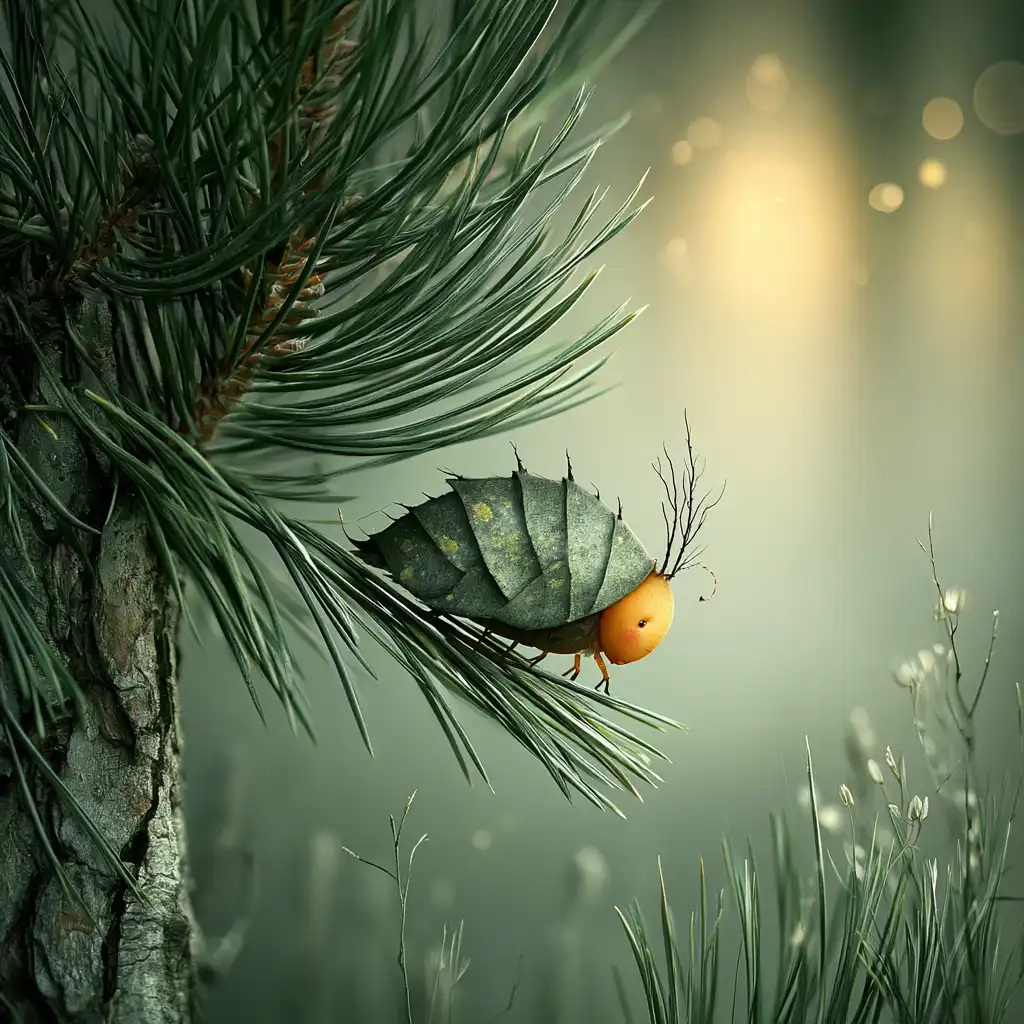 A whimsical, insect-like creature with a leaf-shaped body and orange head perches on a pine branch in a softly lit, dreamy forest scene. A whimsical, insect-like creature with a leaf-shaped body and orange head perches on a pine branch in a softly lit, dreamy forest scene.