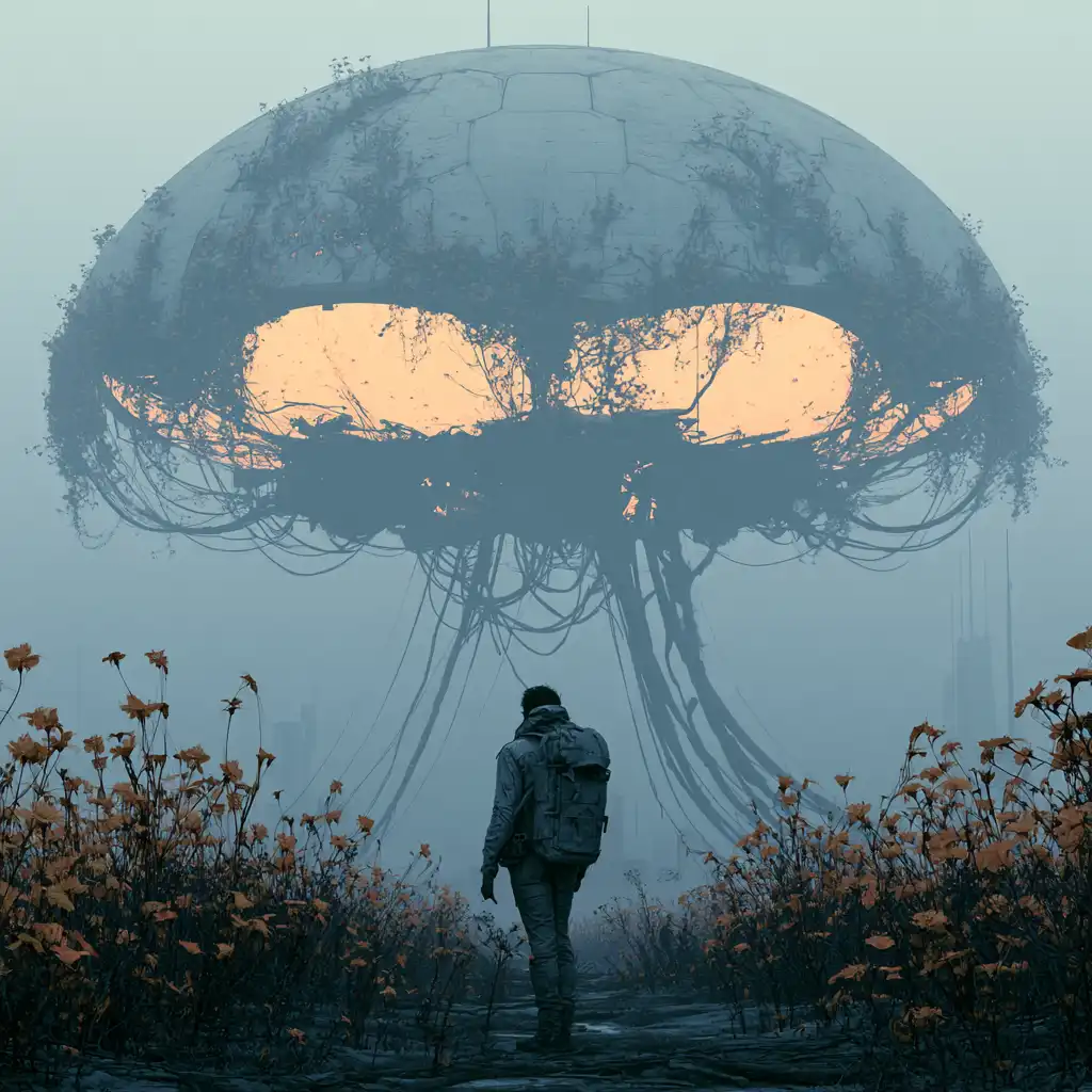 A lone figure in a backpack stands on a path surrounded by tall, orange-tinted plants, facing a large, dome-shaped, mechanical structure with glowing yellow lights and hanging cables, shrouded in mist. A lone figure in a backpack stands on a path surrounded by tall, orange-tinted plants, facing a large, dome-shaped, mechanical structure with glowing yellow lights and hanging cables, shrouded in mist.