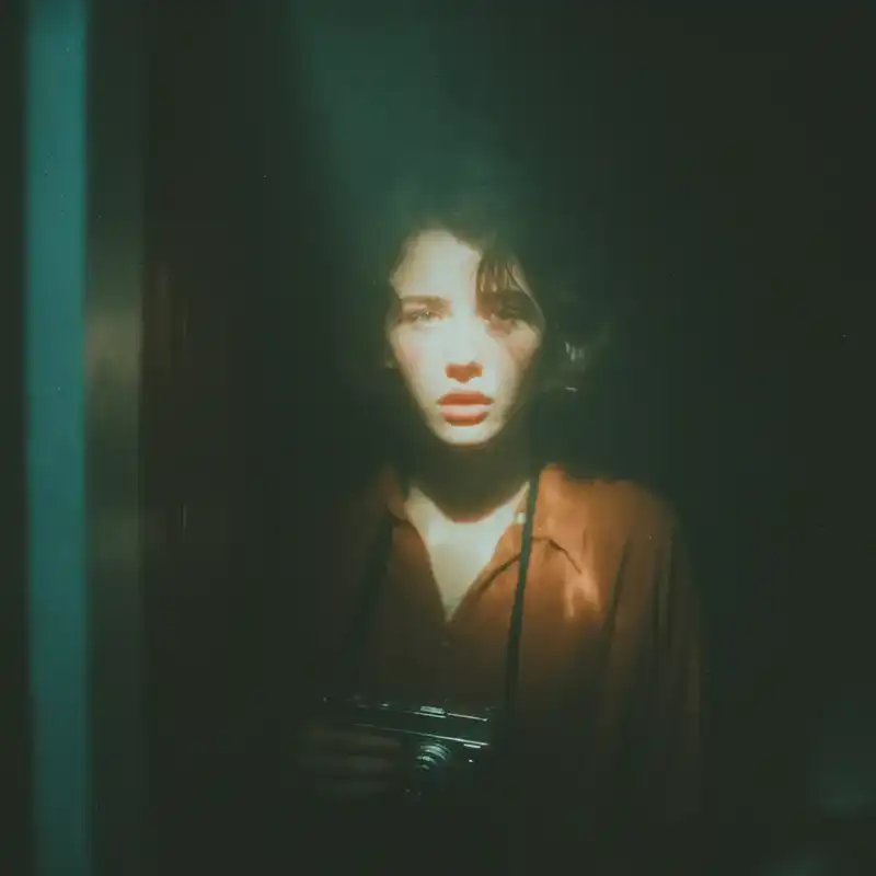 A young person with short hair stands in dim light, wearing a brown shirt and holding a camera around their neck. Soft light partially illuminates their face, creating a dramatic, moody effect against a dark background.