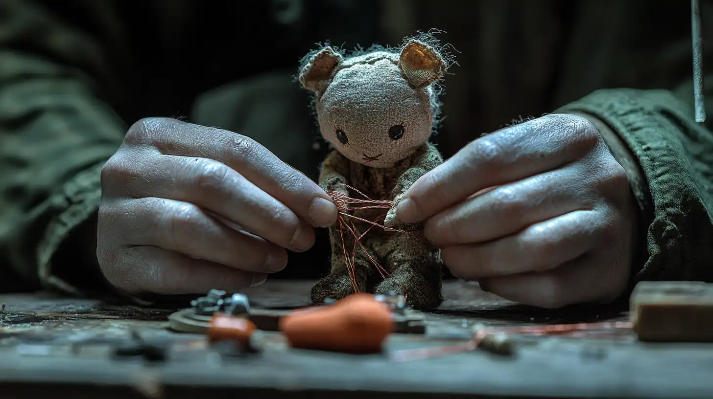 A person’s hands repair a worn, stuffed bear toy using thin wire at a wooden table. The setting appears dimly lit and rustic, with tools and small objects scattered around. A person’s hands repair a worn, stuffed bear toy using thin wire at a wooden table. The setting appears dimly lit and rustic, with tools and small objects scattered around.