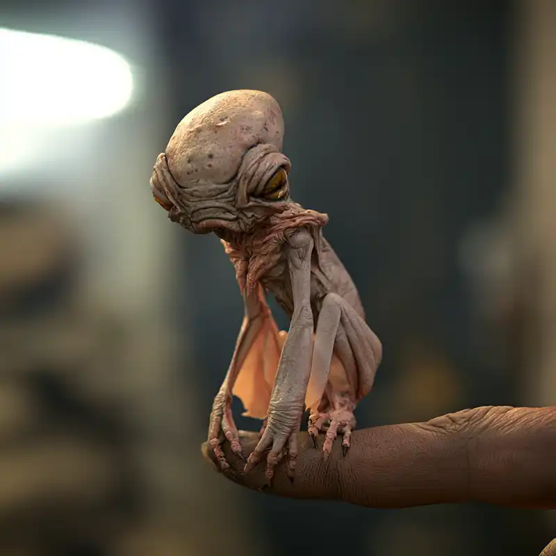 A small, alien-like creature with large head and thin limbs sits on a persons hand against a blurred background.