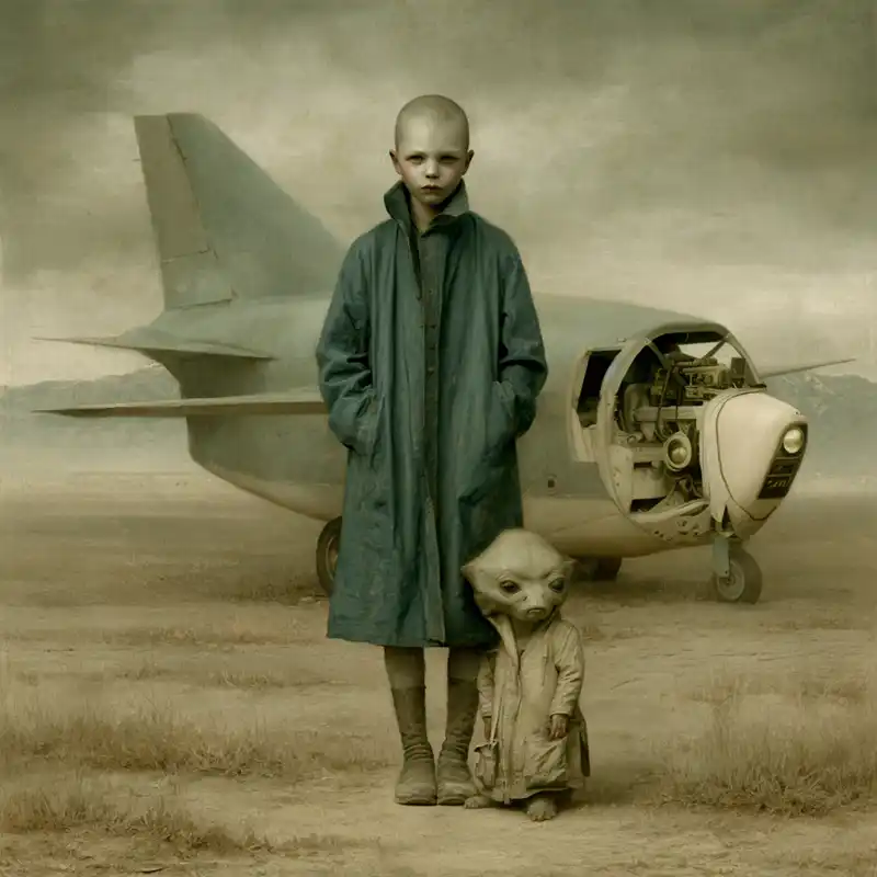 creative-story-sparks-158 A bald child and a small humanoid creature in coats stand in front of a small, retro-futuristic aircraft on a barren field under a cloudy sky.