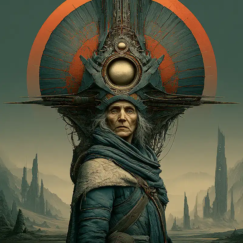 creative-story-sparks-161 An older person in ornate, futuristic attire stands before a large circular structure, with a desolate landscape and tall ruins in the background.