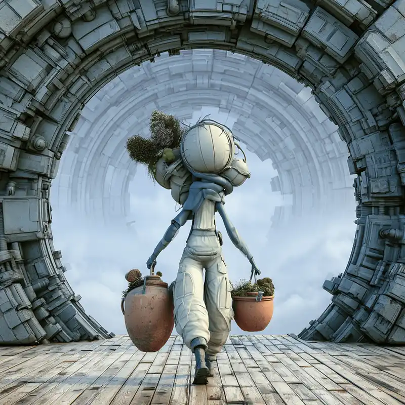 creative-story-sparks-168 A humanoid figure with plants on its back carries two potted plants, walking through a large, circular, mechanical archway on a wooden platform.